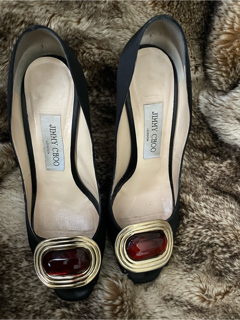 Jimmy Choo Black Satin Pumps with Gold & Red Embellishment - Picture 2 of 6